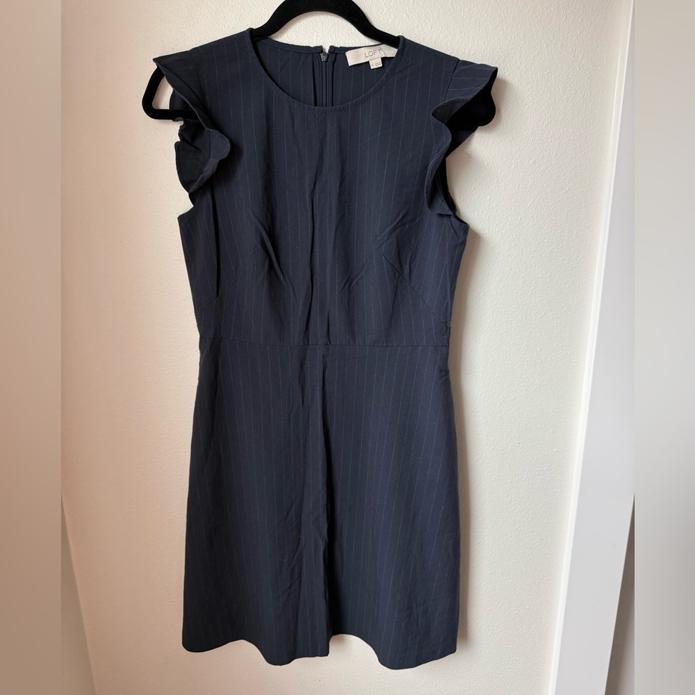 LOFT Navy Pinstripe Ruffle-Sleeve Midi Dress
